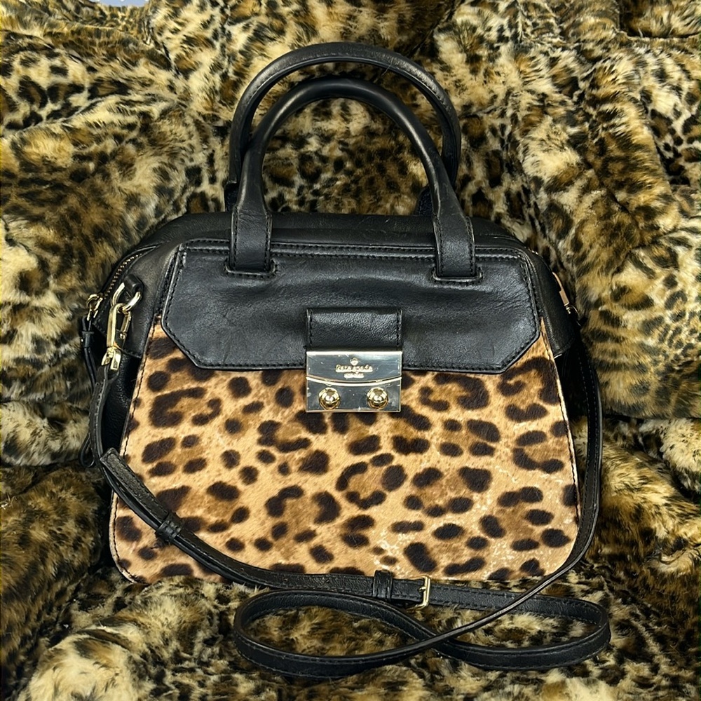 Kate Spade Black Leather and Faux Fur Leopard Print Handbag